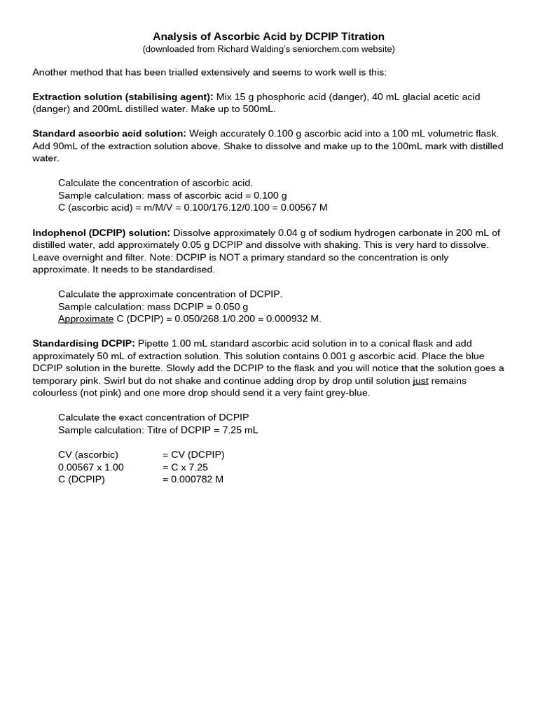 Ascorbic Acid Analysis via DCPIP Titration | PDF