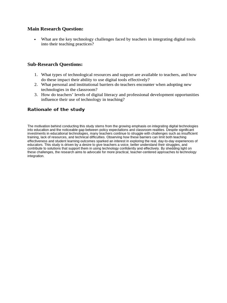 Main Research Question:: Rationale of The Study | PDF