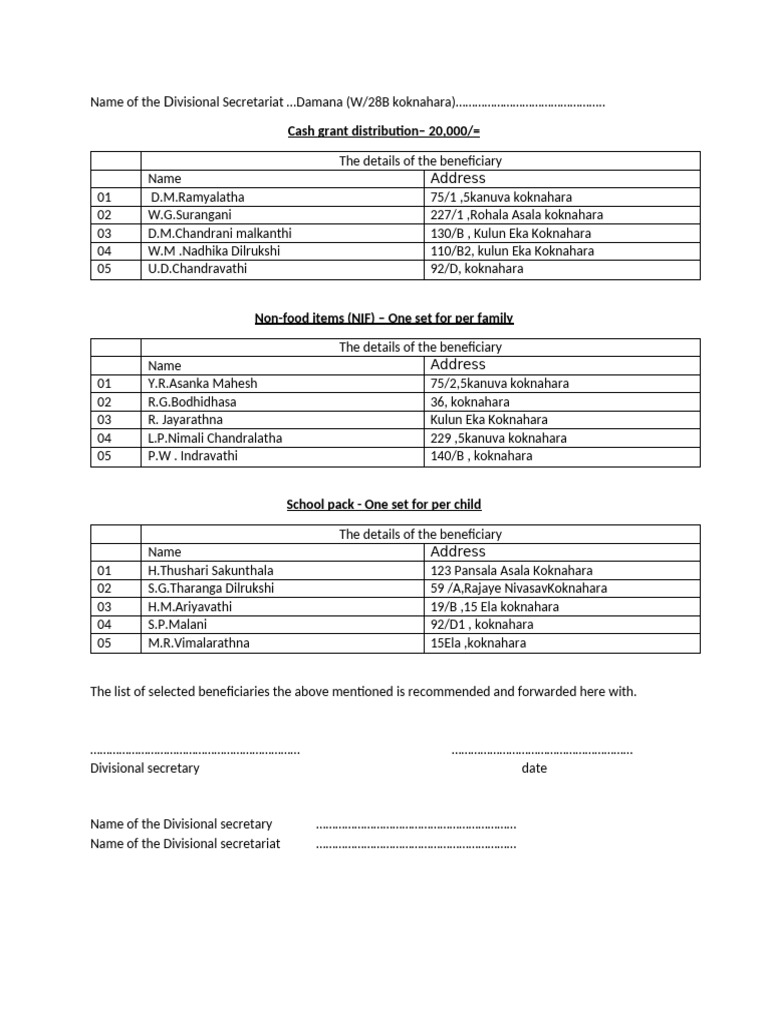 Beneficiary List for Cash Grants and Supplies | PDF