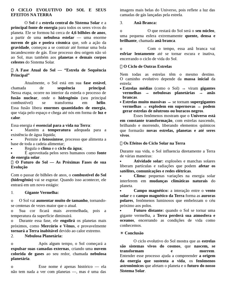 Ciclo Evolutivo do Sol e Seus Efeitos | PDF | Estrelas | Sol