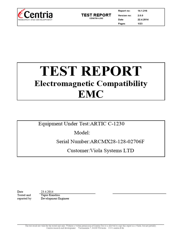 EMC Test Report for ARTIC C-1230 | PDF | Electromagnetic Compatibility ...