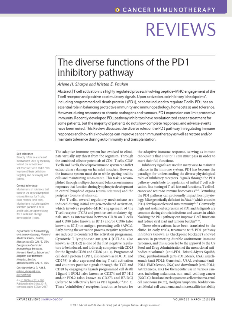 The Diverse Functions of The PD1 Inhibitory Pathway | PDF | T Cell ...