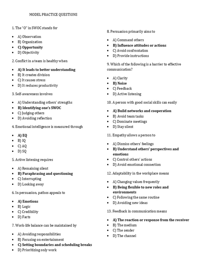Essential Soft Skills Practice Questions | PDF | Communication | Empathy