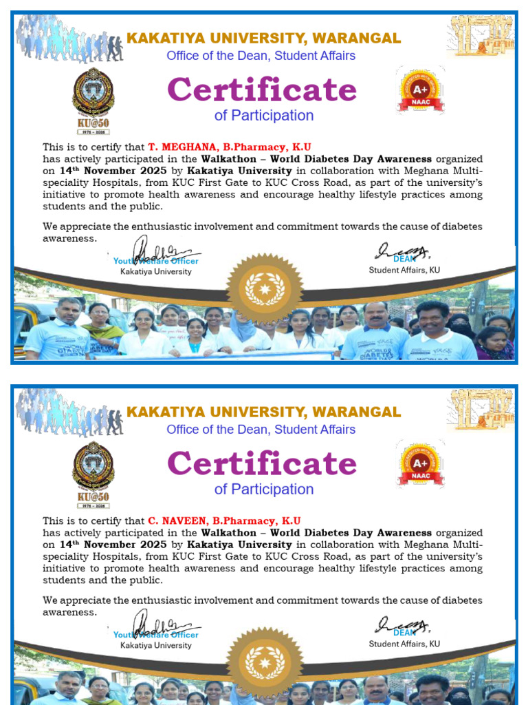 Kakatiya University Diabetes Walkathon Certificate | PDF
