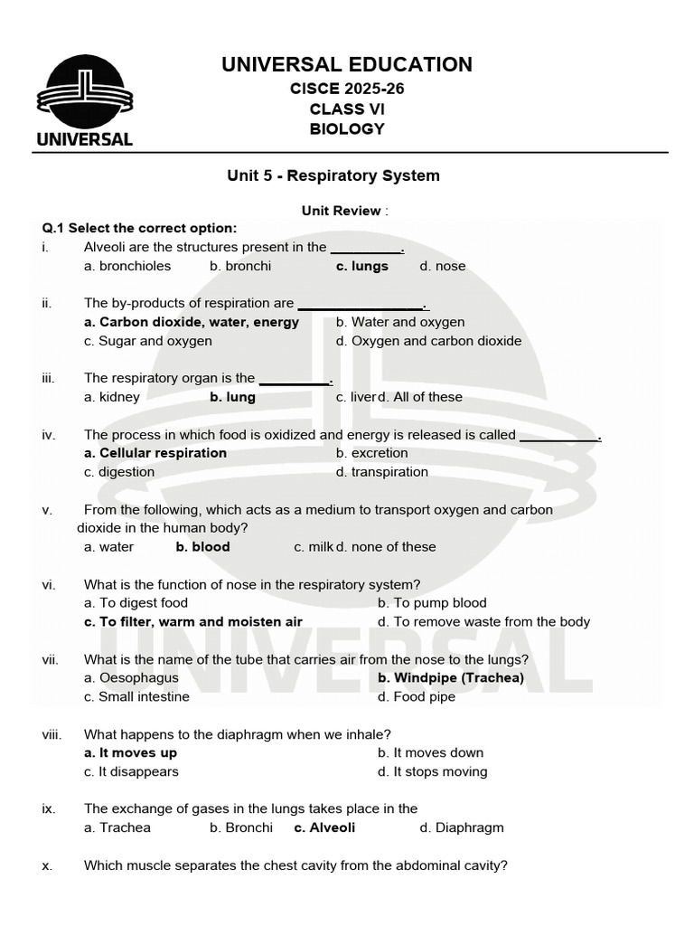 Unit 5 - Respiratory System - Biology - Class VI - CISCE (2025-26 ...