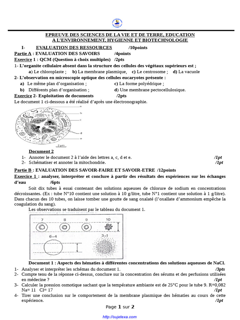 Évaluation des Sciences de la Vie et de la Terre | PDF | Cellule ...