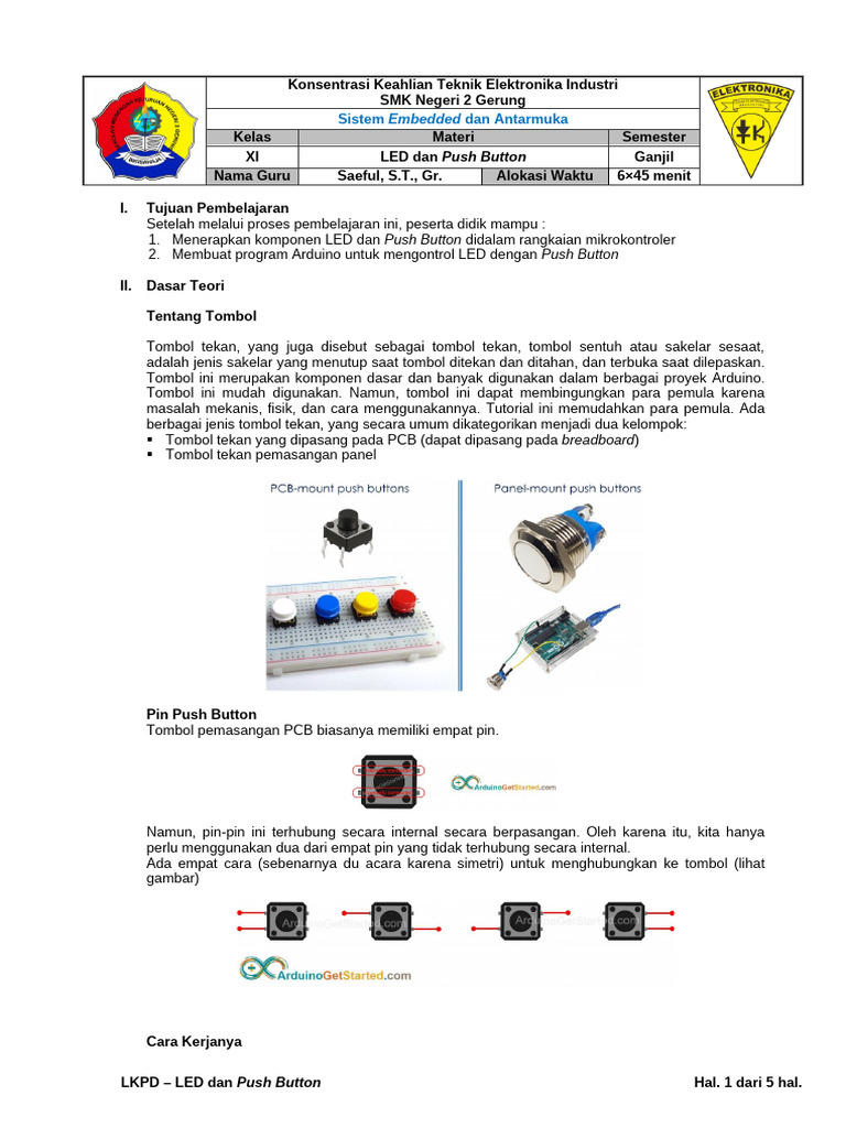 Tutorial Arduino: LED dan Push Button | PDF
