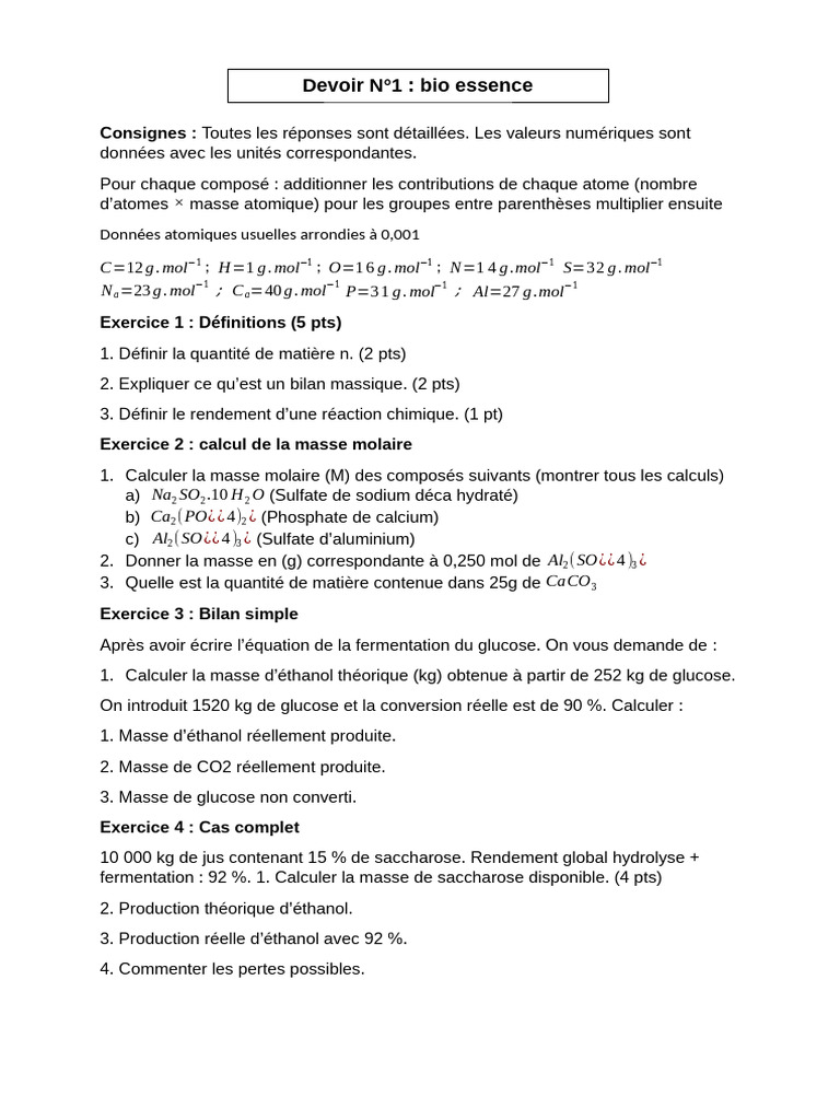 Calculs de chimie : Masse molaire et bilans | PDF