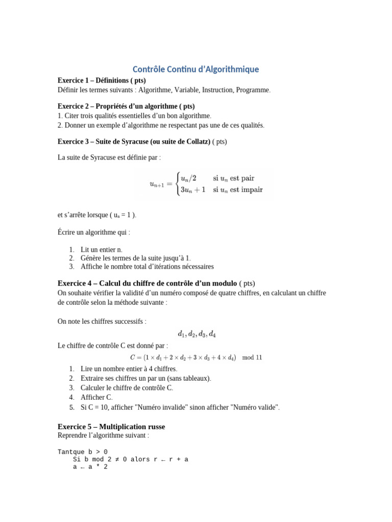 Exercices sur les Algorithmes et Programmation | PDF | Entier naturel ...