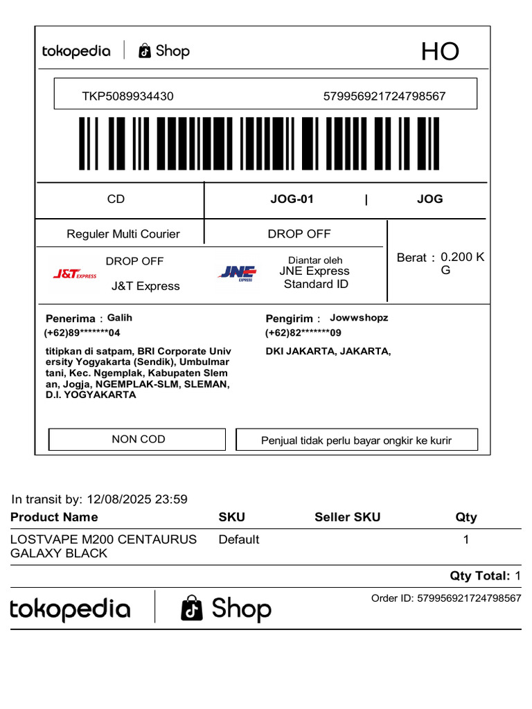 J&T Express Drop Off Order Details | PDF