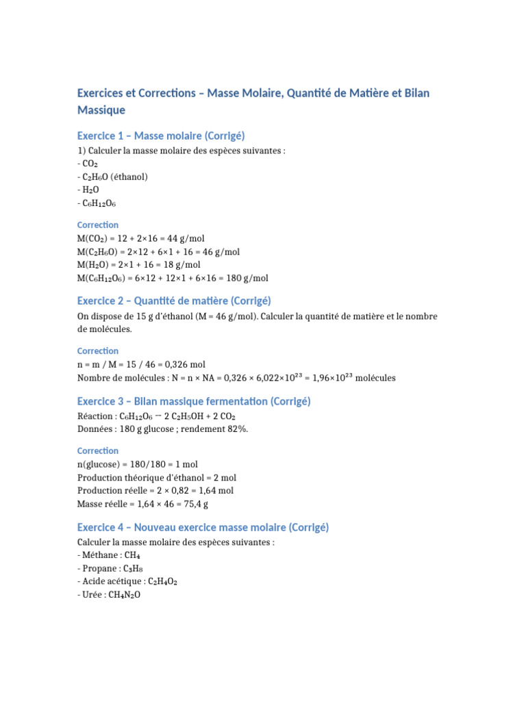 Exercices sur Masse Molaire et Bilan Massique PDF — free download