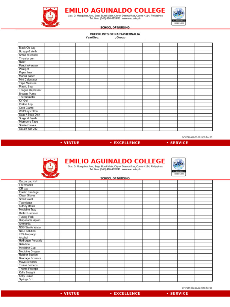 Nursing Paraphernalia Checklist | PDF
