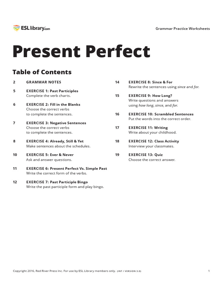 Present Perfect Grammar Worksheets | PDF | Verb | Syntax
