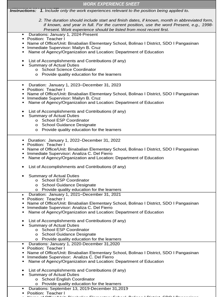 Work Experience Sheet for Teacher I | PDF | Behavior Modification ...