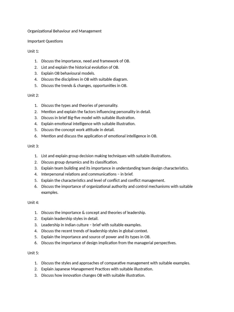 Organizational Behaviour and Management - Important Questions | PDF