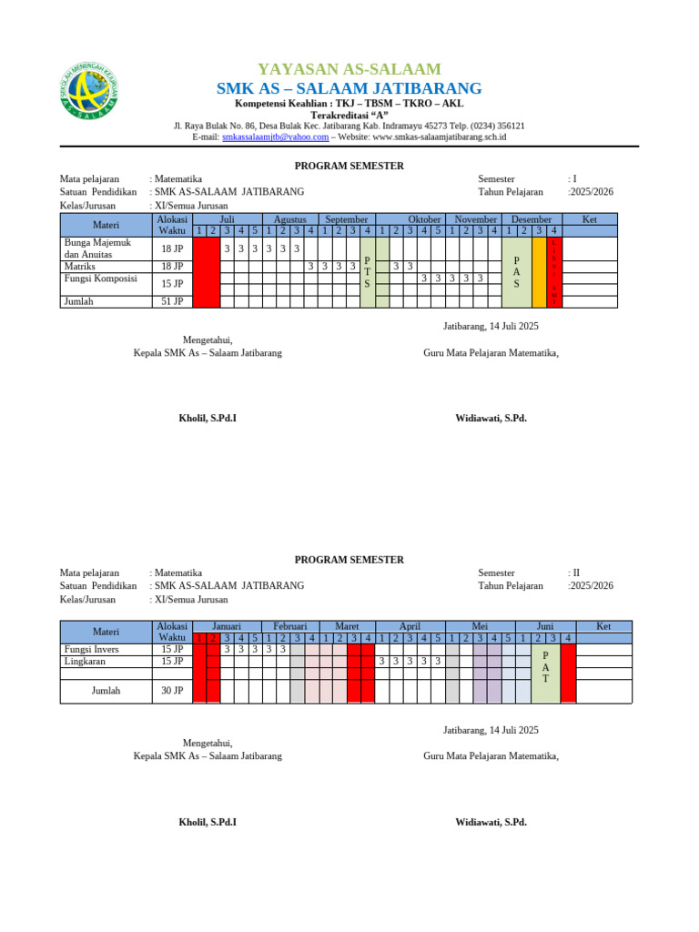 Program Semester Matematika SMK As-Salaam | PDF