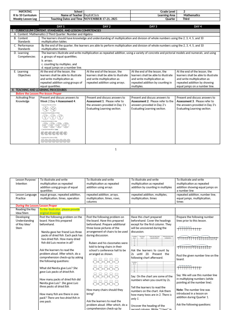 Weekly Math Lesson Plan for Grade 2 | PDF | Multiplication | Mathematics