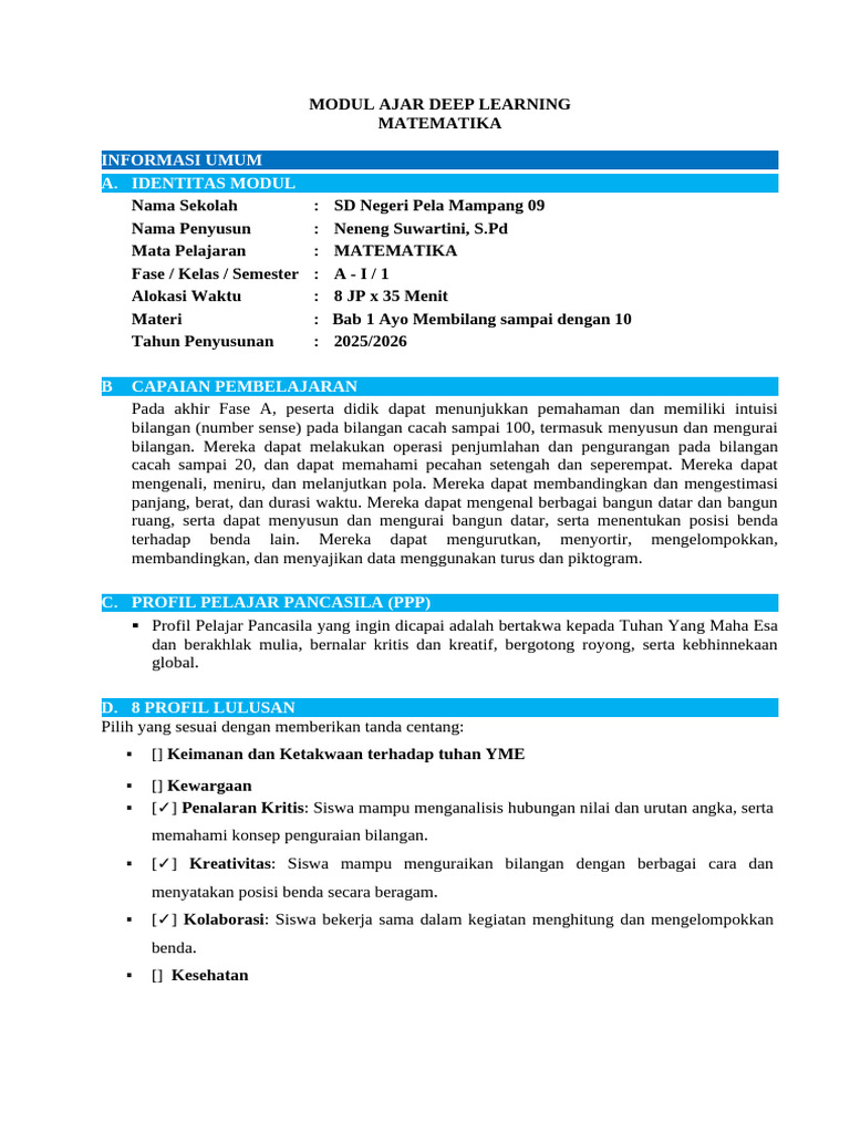 Modul Ajar Matematika Kelas 1 SD | PDF