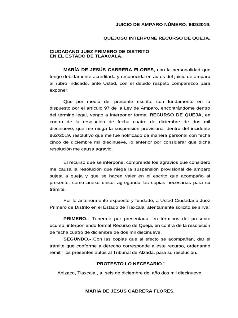 Recurso de Queja en Amparo 862/2019 | PDF | Sentencia (ley) | Caso de ley