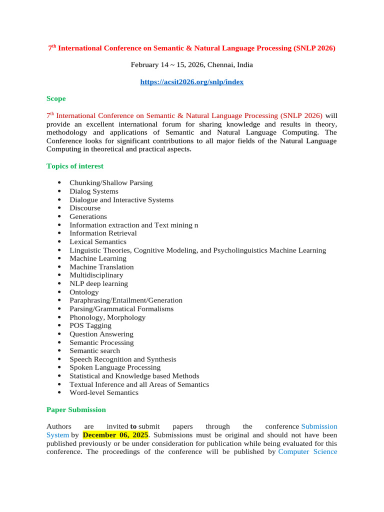 SNLP 2026: Call for Papers in NLP | PDF | Semantics | Cognitive Science