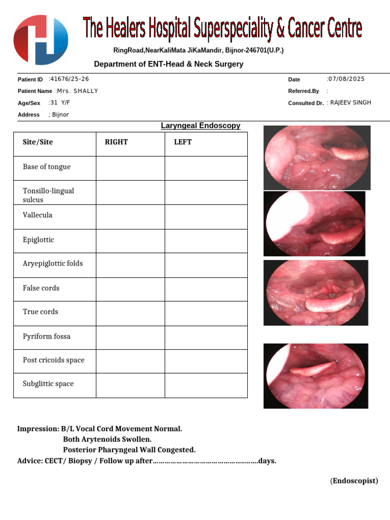 ENT Consultation Report for Mrs. Shally | PDF