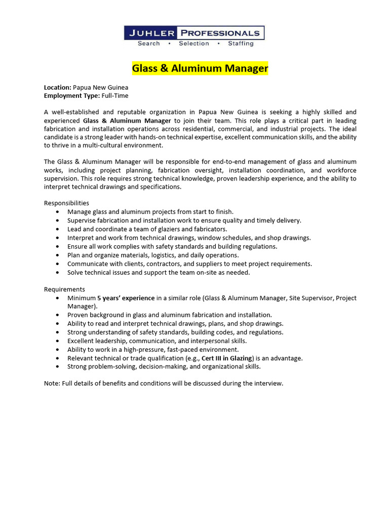 Glass & Aluminum Manager Job in PNG | PDF