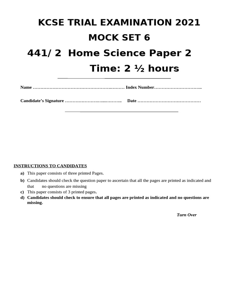 KCSE 2021 Home Science Mock Exam Paper | PDF