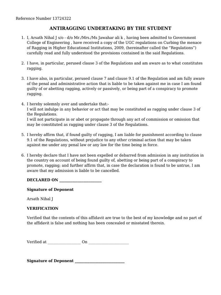 Antiragging Undertaking Form Template | PDF | Affidavit
