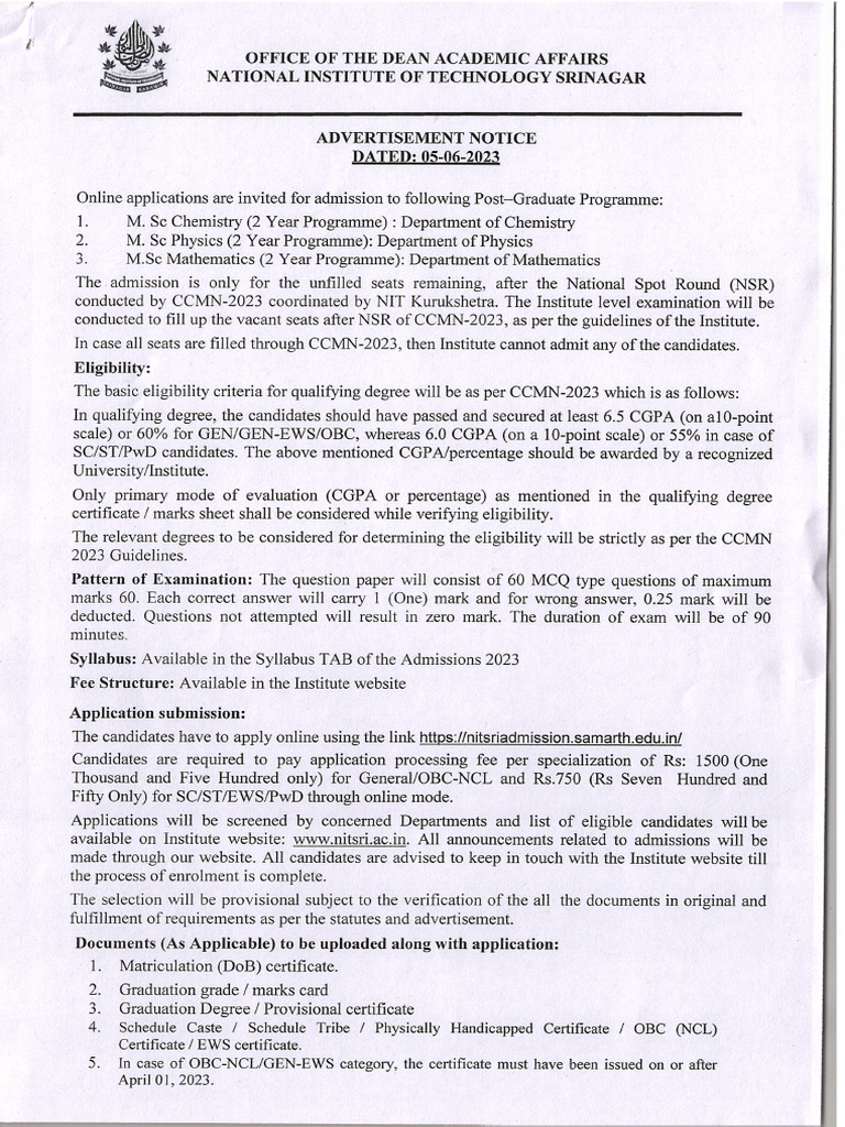 Advertisement Notification for M.sc Physics, Chemistry and Mathematics ...