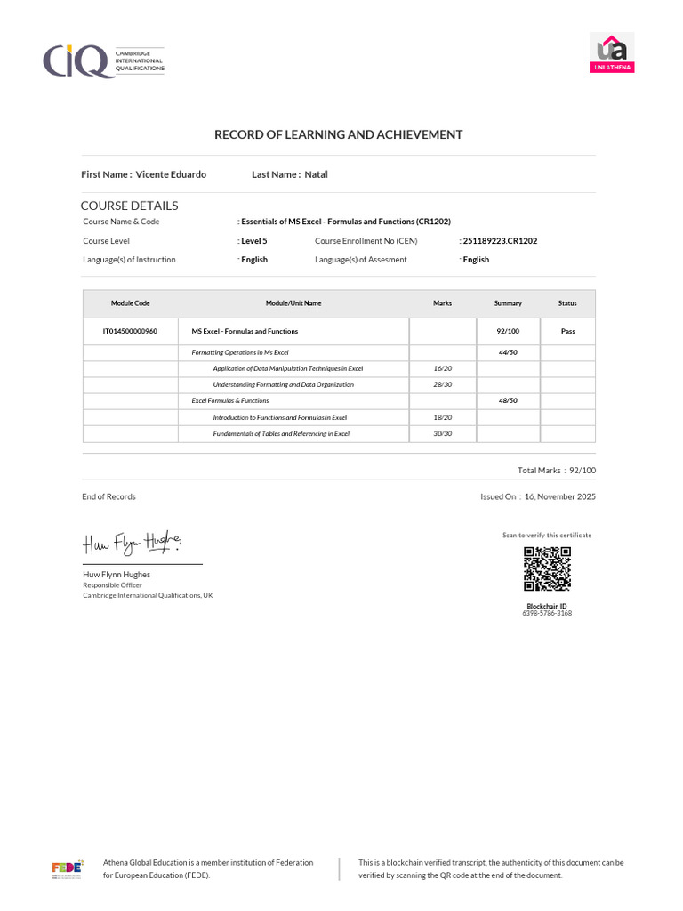 Vicente Eduardo CR1202 Transcript | PDF | Microsoft Excel | Computer ...