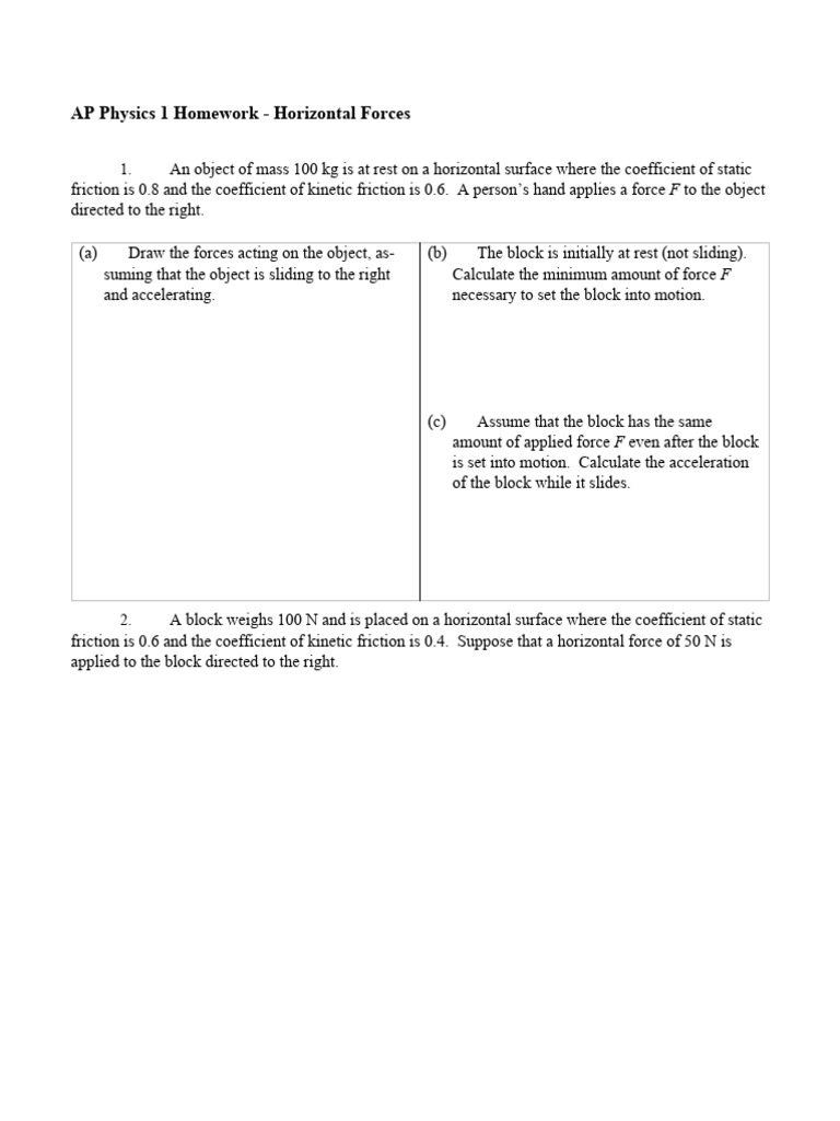 AP Physics 1: Horizontal Forces Homework | PDF | Force | Friction