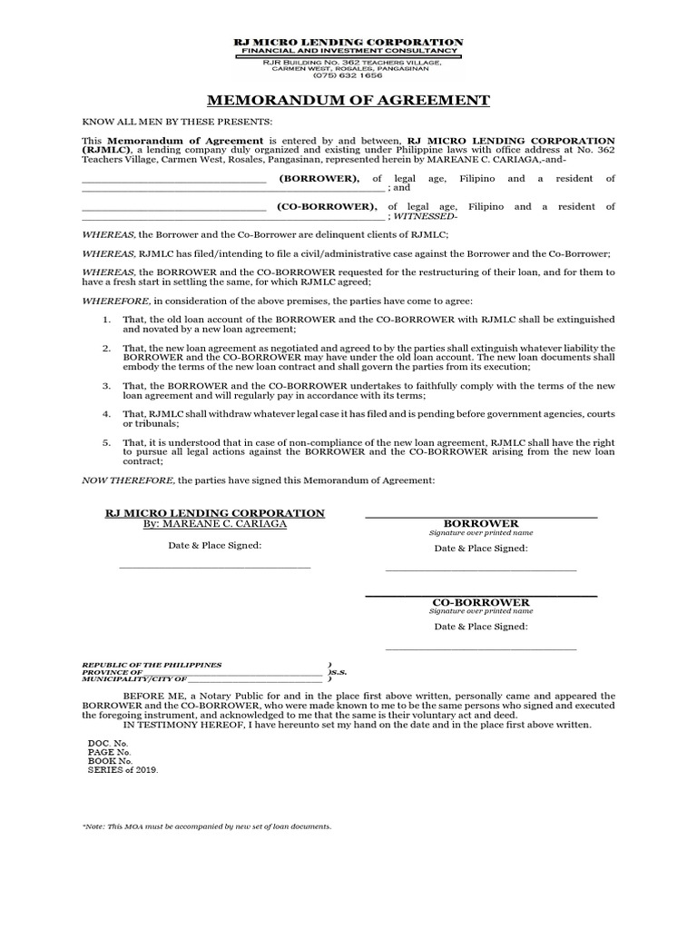MOA For Reloan Restructure Based On Compromise Form 2019 | PDF | Loans ...
