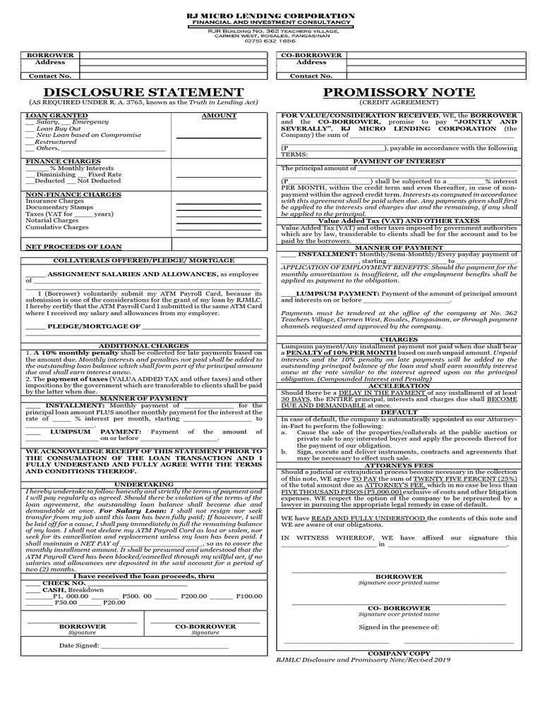 Loan Disclosure and Promissory Note | PDF | Interest | Loans
