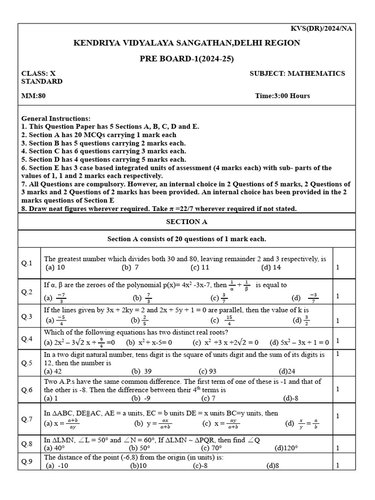Class X Mathematics Pre Board Paper 2024 | PDF | Circle | Area
