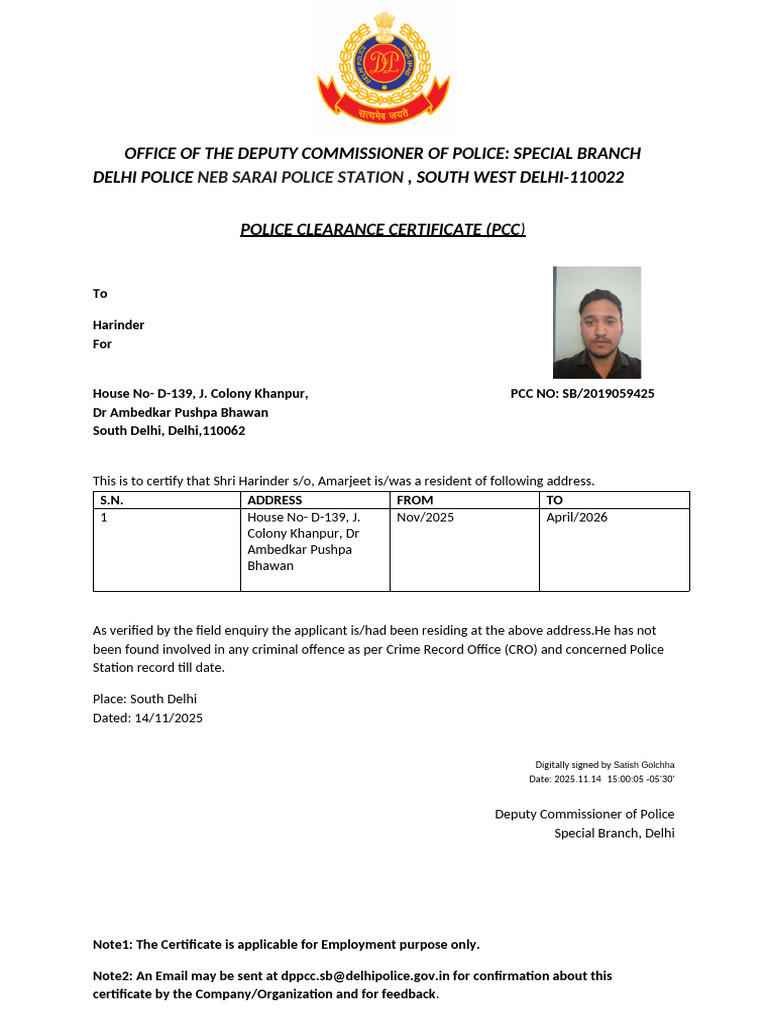 Delhi Police Clearance Certificate for Harinder | PDF