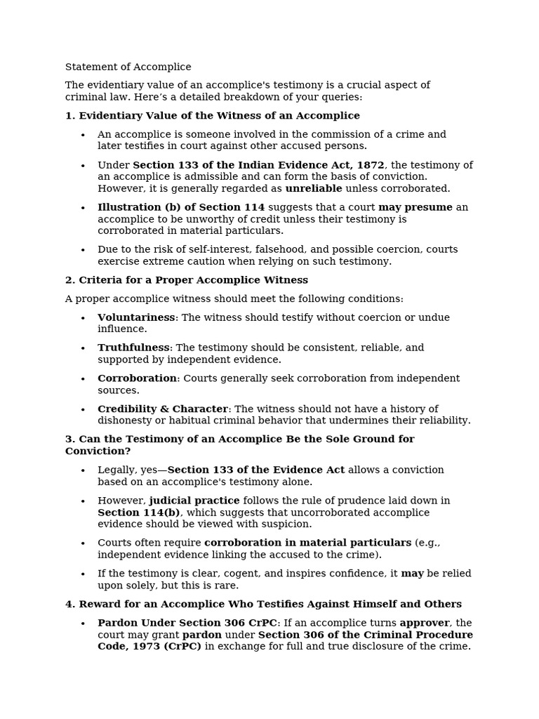 Accomplice Testimony in Indian Law | PDF | Evidence (Law) | Witness