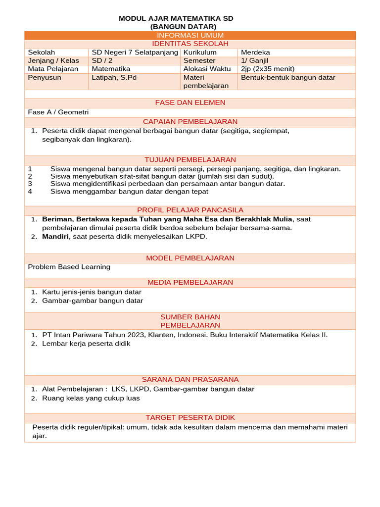 Modul Ajar Bangun Datar Kelas 2 SD | PDF