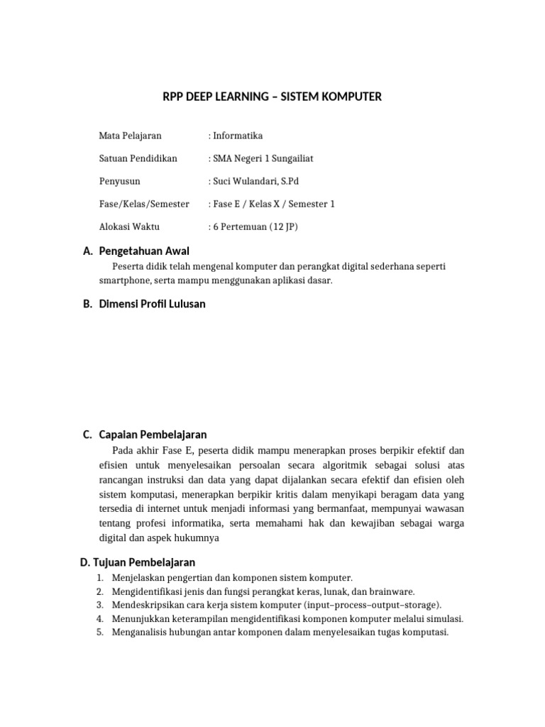 RPP Deep Learning Sistem Komputer SMA | PDF