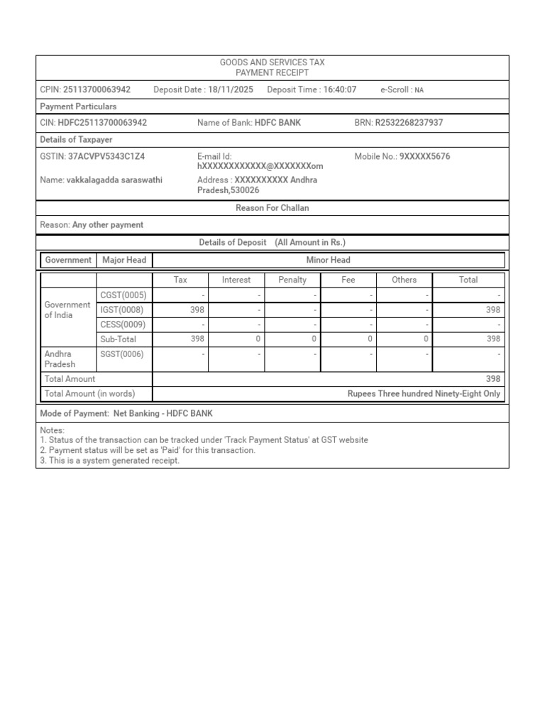 GST Payment Receipt - HDFC Bank | PDF