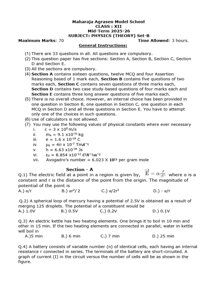 Class XII Physics Mid-Term Exam 2025-26 | PDF | Inductor | Inductance
