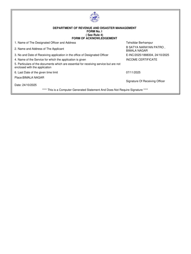 Income Certificate Acknowledgement Form | PDF