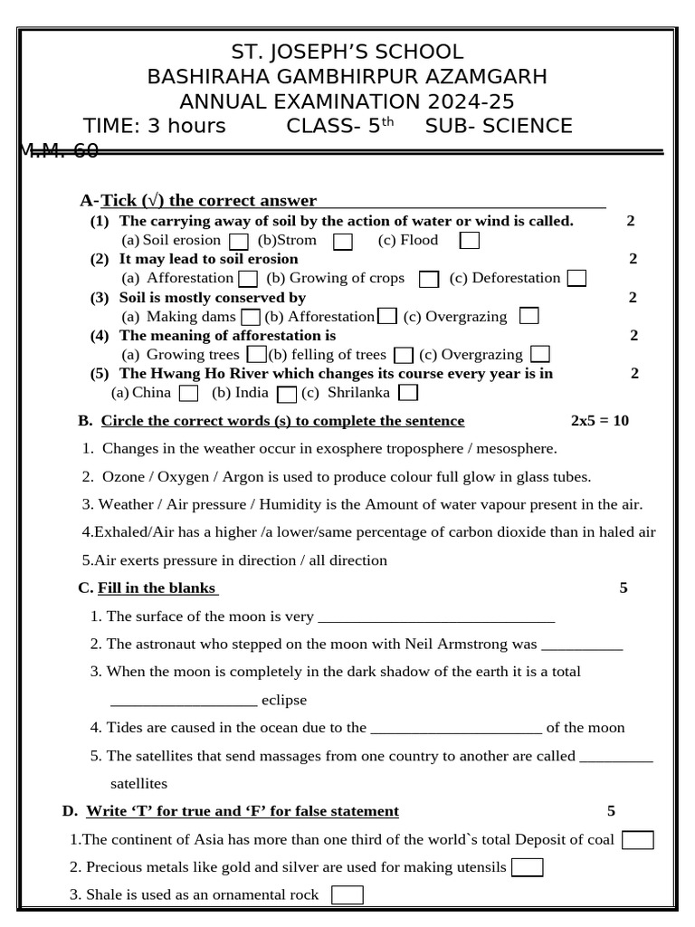 Class 5 Science Exam Paper 2024-25 | PDF | Atmosphere Of Earth | Earth ...