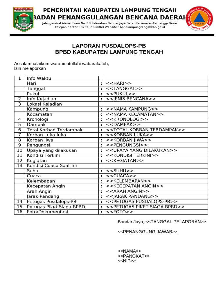 Form Laporan Pusdalops-Pb | PDF
