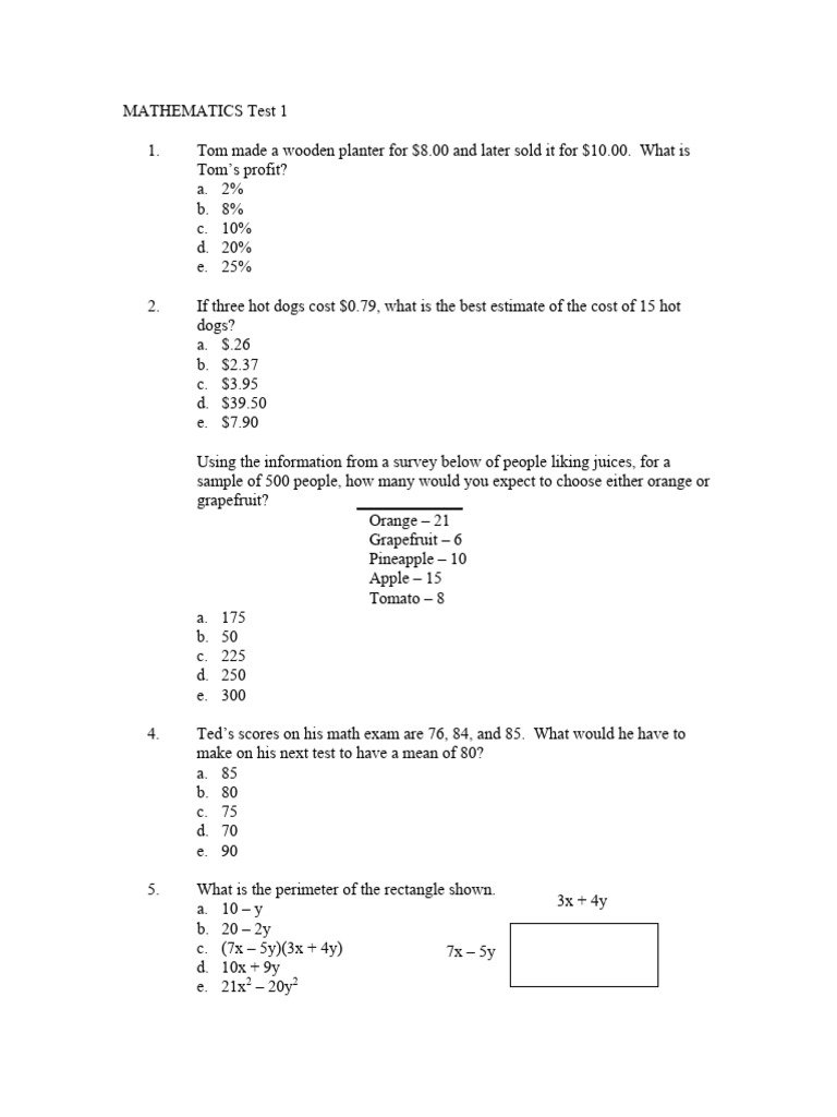 Mathematics Test Questions and Answers | PDF | Area | Length