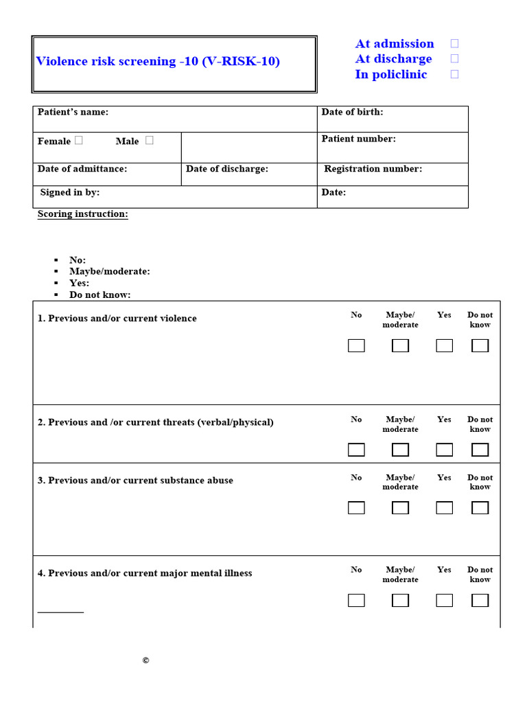 V-RISK-10 Violence Risk Assessment Tool | PDF | Mental Disorder ...