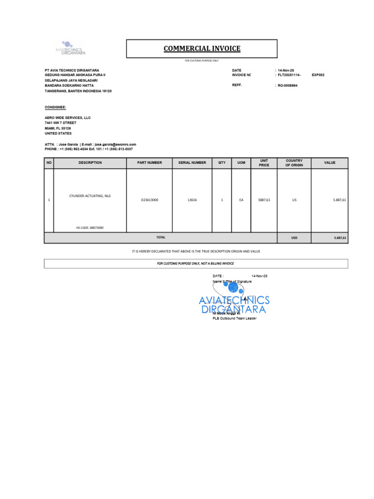 Customs Invoice for Cylinder Actuating NLG | PDF