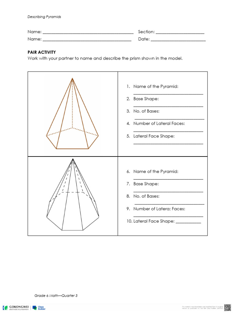 M6Q3L02 Worksheet - Describing Pyramids | PDF | Rectangle | Triangle