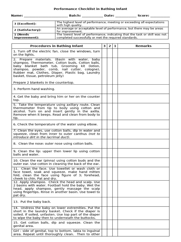 Infant Bathing Performance Checklist | PDF | Laundry | Diaper