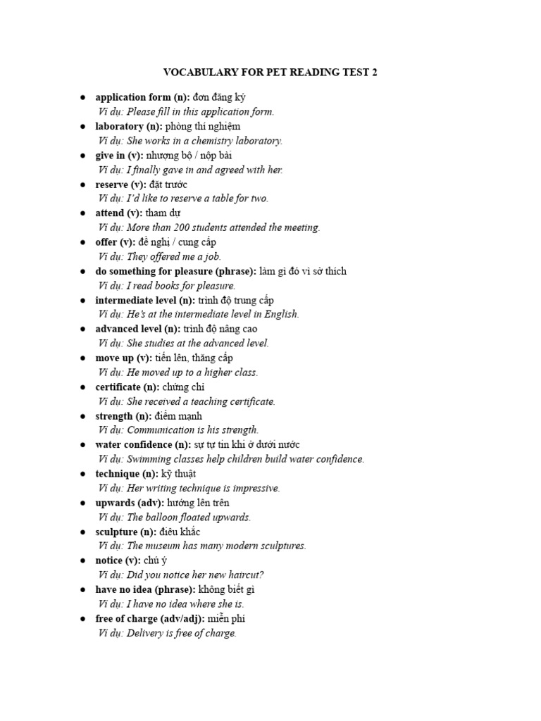 Vocabulary For Pet Reading Test 2 | PDF