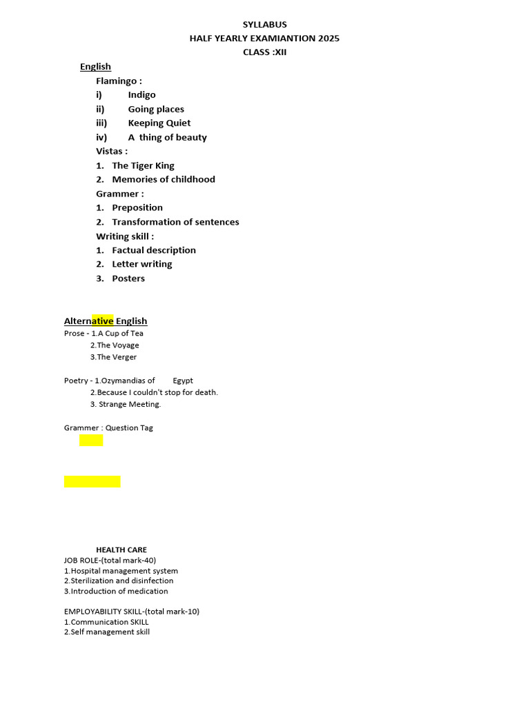 Class XII Half-Yearly Exam Syllabus 2025 | PDF | Biology | Zoology